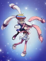 12tailsonline 2girls blue_background blue_eyes dress furry furry_female hat holding_hands multiple_girls pink_hair purple_eyes rabbit_(12tailsonline) red_ribbon ribbon sailor_dress sailor_hat short_dress sparkle_background white_hair