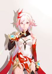 Rule 34 | 1girl, abunishu, beige background, breasts, brown gloves, cleavage, closed mouth, dress, elbow gloves, fu hua, fu hua (phoenix), gloves, grey background, hair ornament, highres, honkai (series), honkai impact 3rd, long hair, looking at viewer, ponytail, red eyes, red gloves, shadow, simple background, smile, solo, white dress, white hair