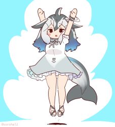 Rule 34 | 1girl, arms up, blue background, bow, bowtie, cetacean tail, coroha, dolphin girl, dress, fins, fish tail, full body, grey hair, head fins, jumping, kemono friends, long hair, looking at viewer, pacific white-sided dolphin (kemono friends), sailor dress, sandals, simple background, solo, tail, wristband