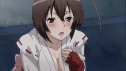 Rule 34 | 1girl, animated, animated gif, blush, breasts, brown hair, cleavage, heavy breathing, large breasts, long hair, musubi, sekirei, solo