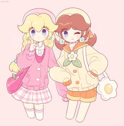 Rule 34 | 2girls, ;), bag, bare shoulders, blonde hair, blue eyes, braid, brown hair, dress, earrings, flower, flower earrings, hair between eyes, hand on own hip, handbag, hands up, hat, jacket, jewelry, long hair, long sleeves, looking at viewer, low ponytail, low twintails, mario (series), multiple girls, nintendo, one eye closed, oxo xwo, pink background, ponytail, princess daisy, princess peach, scarf, short dress, shorts, simple background, smile, super mario bros. 1, super mario land, twintails, upper body