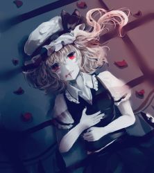 Rule 34 | 1girl, black nails, black skirt, black vest, blonde hair, blood, blood from mouth, commentary request, dutch angle, evil grin, evil smile, fingernails, flandre scarlet, grin, hair between eyes, hands on own stomach, hat, hat ribbon, highres, indoors, limited palette, looking at viewer, lying, mob cap, nail polish, on back, pale skin, petals, puffy short sleeves, puffy sleeves, red eyes, ribbon, rose petals, shadow, sharp fingernails, shina (kabocha0906), shirt, short hair, short sleeves, side ponytail, skirt, skirt set, slit pupils, smile, solo, tatami, touhou, upper body, vest, white hat, white shirt, wings