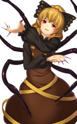 Rule 34 | 1girl, arthropod girl, arthropod limbs, black bow, blonde hair, bow, brown dress, buttons, dress, fingernails, hair bow, highres, insect girl, kurodani yamame, long fingernails, long sleeves, looking at viewer, mikami yuuki (nl8you), nail polish, ponytail, purple nails, red eyes, sharp fingernails, simple background, smile, solo, spider girl, touhou, white background