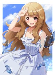 Rule 34 | 1girl, :o, arm behind back, bare shoulders, blue sky, blunt bangs, blurry, blurry background, blush, bokeh, border, bracelet, brown hair, butterfly necklace, collarbone, daimanzoku!, depth of field, dress, frilled dress, frills, hand up, highres, idolmaster, idolmaster million live!, idolmaster million live! theater days, jewelry, long hair, looking at viewer, miyao miya, outside border, pure onepiece (idolmaster), round teeth, sky, solo, sparkle, teeth, water, white border, white dress