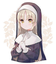 Rule 34 | 1girl, black dress, brown eyes, closed mouth, cropped torso, dress, gloves, habit, highres, light brown hair, long hair, long sleeves, meito (maze), neck ribbon, nijisanji, nun, puffy long sleeves, puffy sleeves, ribbon, sister claire, sister claire (1st costume), solo, traditional nun, upper body, veil, very long hair, virtual youtuber, white background, white gloves, white ribbon