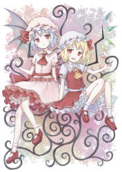Rule 34 | 104, 2girls, ascot, bad id, bad pixiv id, bat wings, blonde hair, blue hair, dress, fang, fingernails, flandre scarlet, frilled dress, frilled skirt, frills, hair ribbon, hat, hat ribbon, highres, layered dress, layered skirt, looking at viewer, multiple girls, open mouth, outstretched arm, pink dress, puffy short sleeves, puffy sleeves, red eyes, red footwear, red ribbon, red skirt, remilia scarlet, ribbon, sash, shoes, short hair, short sleeves, siblings, side ponytail, simple background, sisters, sitting, skirt, slit pupils, smile, socks, touhou, vest, white legwear, wings