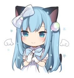 Rule 34 | 1girl, amashiro natsuki, animal ears, bad id, bad twitter id, blue bow, blue eyes, blue hair, blush, bow, cat ears, cat girl, cat tail, closed mouth, commentary, dress, gloves, hair between eyes, hair bow, hair ornament, hands up, long hair, looking at viewer, one side up, original, puffy short sleeves, puffy sleeves, short sleeves, sidelocks, simple background, smile, solo, symbol-only commentary, tail, tail raised, upper body, very long hair, white background, white bow, white dress, white gloves