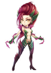 Rule 34 | 1girl, absurdres, boots, breasts, chibi, earrings, fukafusa, full body, high heels, highres, jewelry, league of legends, long hair, medium breasts, monster girl, navel, plant, red hair, shoes, solo, thigh boots, thighhighs, thorns, vines, wearing plant, white background, yellow eyes, zyra