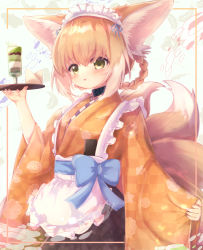 Rule 34 | 1girl, absurdres, alternate costume, animal ears, apron, arknights, blonde hair, blue bow, blush, bow, braid, braided hair rings, brown eyes, brown kimono, checkered clothes, checkered kimono, chrocatz, commentary request, enmaided, fox ears, fox girl, fox tail, frilled apron, frills, hair between eyes, hair rings, highres, holding, holding tray, japanese clothes, kimono, long sleeves, looking at viewer, maid, maid headdress, md5 mismatch, multicolored hair, parted lips, pinching sleeves, resolution mismatch, sleeves past wrists, solo, source larger, suzuran (arknights), tail, tray, twin braids, two-tone hair, unmoving pattern, wa maid, white apron, white hair, wide sleeves