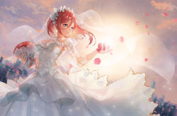 Rule 34 | 1girl, backlighting, bare shoulders, blue eyes, bouquet, breasts, bridal veil, cityscape, closed mouth, covered navel, day, dress, earrings, feet out of frame, flower, go-toubun no hanayome, hair between eyes, highres, holding, holding bouquet, holding flower, jewelry, layered dress, long hair, long sleeves, looking away, looking to the side, medium breasts, nakano miku, necklace, outdoors, petals, red flower, red hair, red rose, rose, rose petals, sai ichirou, see-through, smile, solo, sparkle, standing, sunlight, veil, wedding dress, white dress