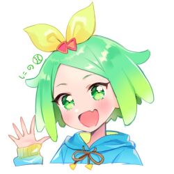Rule 34 | 1girl, :d, blue hoodie, blush, bow, character name, commentary request, cropped torso, fang, gradient hair, green eyes, green hair, hair bow, hand up, hood, hood down, hoodie, idol time pripara, long sleeves, looking at viewer, multicolored hair, nijiiro nino, open hand, open mouth, oshiri (o4ritarou), pretty series, pripara, short hair, simple background, skin fang, smile, solo, triangle hair ornament, upper body, white background, yellow bow