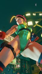 Rule 34 | 1girl, 3d, antenna hair, ass, bare shoulders, blonde hair, blue eyes, braid, breasts, cammy white, covered navel, curvy, fighting stance, gloves, green leotard, groin, hat, highleg, highleg leotard, highres, large breasts, leotard, lips, long hair, night, night sky, red gloves, red hat, road, ryona, screencap, shiny clothes, sky, solo, street, street fighter, street fighter v, thighs, third-party edit, thong leotard, twin braids, very long hair, wide hips