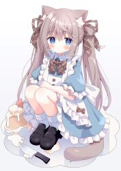 Rule 34 | 1girl, animal ear fluff, animal ears, apron, black footwear, blue background, blue dress, blue eyes, blush, brown hair, brown ribbon, cake, cake slice, cat ears, cat girl, cat tail, closed mouth, commentary, dress, food, frilled apron, frilled dress, frilled sleeves, frills, full body, gradient background, hair between eyes, hair ornament, hair ribbon, heart, heart hair ornament, highres, knees up, knife, loafers, long hair, looking at viewer, nakkar, original, puffy short sleeves, puffy sleeves, ribbon, shoes, short sleeves, socks, solo, squatting, tail, twintails, very long hair, white apron, white background, white socks