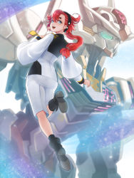 Rule 34 | 1girl, absurdres, black hairband, blue eyes, boots, commentary, from behind, full body, green eyes, gundam, gundam aerial, gundam suisei no majo, hairband, highres, ivuki, long hair, looking back, low-tied long hair, low ponytail, mecha, mobile suit, red hair, robot, school uniform, shorts, smile, suletta mercury, upper body, v-fin