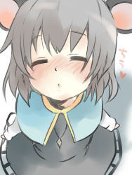 Rule 34 | 1girl, animal ears, bad id, bad pixiv id, blush, closed eyes, female focus, grey hair, incoming kiss, jewelry, mouse ears, nazrin, pendant, pun2, short hair, solo, touhou
