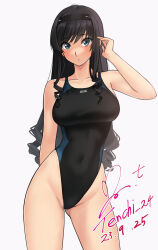 Rule 34 | 1girl, amagami, artist name, black eyes, blush, breasts, collarbone, competition swimsuit, covered navel, curly hair, hairband, highleg, highres, large breasts, long hair, looking at viewer, morishima haruka, one-piece swimsuit, signature, simple background, solo, standing, swimsuit, yoo tenchi