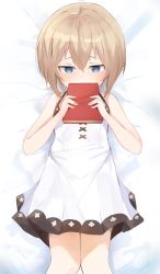 Rule 34 | 1girl, absurdres, bare shoulders, bimmy, blanc (neptunia), blue eyes, blush, book, breasts, brown hair, dress, embarrassed, highres, holding, holding book, long sleeves, lying, neptune (series), on back, on bed, short hair, small breasts, solo, white dress
