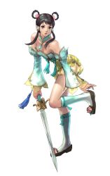 Rule 34 | 1girl, absurdres, alternate costume, brown eyes, brown hair, chinese clothes, detached sleeves, dress, flower, hair rings, highres, jewelry, kawano takuji, namco, official art, short dress, socks, solo, soul calibur, soulcalibur v, strapless, strapless dress, sword, weapon, yan leixia