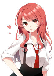 Rule 34 | 1girl, alternate hairstyle, black skirt, closed mouth, frederica nikola tesla, hair between eyes, heart, highres, honkai (series), honkai impact 3rd, long hair, looking at viewer, polo shirt, red eyes, red hair, red neckwear, shirt, simple background, skirt, sleeves rolled up, solo, tongue, tongue out, white background, white shirt, yukki 0125
