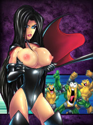 Rule 34 | 1girl, 3boys, artist request, battletoads, black cape, black footwear, black gloves, black hair, black leotard, blue eyes, blue eyeshadow, boots, breasts, cape, cowboy shot, creature, dark queen, elbow gloves, eyeshadow, flashing, gloves, leather, leotard, lipstick, long hair, looking at another, looking at breasts, looking at viewer, makeup, medium breasts, multiple boys, nipples, parted lips, pimple (battletoads), pointing, pointing at another, rareware, rash (battletoads), red lips, standing, strapless, strapless leotard, thigh boots, thighhighs, very long hair, villaines, villainess, zitz, zitz (battletoads)