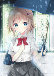 Rule 34 | 1girl, bag, bitter crown, blue eyes, blue umbrella, blush, bow, breasts, brown hair, closed mouth, collared shirt, commentary request, dress shirt, grey skirt, hair ornament, hairclip, hands up, highres, holding, holding umbrella, looking at viewer, original, pleated skirt, rain, red bow, school bag, school uniform, shirt, short hair, skirt, small breasts, solo, umbrella, white shirt