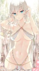 Rule 34 | 1girl, adjusting hair, aqua eyes, armpits, arms up, bare shoulders, bikini, breasts, chain, collarbone, commentary request, cowboy shot, day, elf, flower, groin, hair between eyes, halterneck, highleg, highres, hip bones, jewelry, large breasts, long hair, looking at viewer, navel, o-ring, o-ring top, original, parted lips, partially submerged, pelvic curtain, pointy ears, revealing clothes, silver hair, solo, standing, stomach, swimsuit, tomozero, very long hair, wading, water, waterfall, wet, white bikini