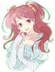 Rule 34 | 1girl, atlus, bad id, bad pixiv id, collarbone, colored eyelashes, earrings, floral print, flower, hair flower, hair ornament, highres, jewelry, kujikawa rise, long hair, long sleeves, looking at viewer, nail polish, open mouth, outline, persona, persona 4, puffy sleeves, red eyes, red hair, ring, simple background, smile, solo, striped, twintails, upper body, white background, yoshida morohe