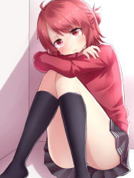 Rule 34 | 1girl, commentary request, corner, crying, crying with eyes open, elbows on knees, hair bun, highres, hugging own legs, knees together feet apart, long sleeves, neit ni sei, on floor, open mouth, original, panties, pleated skirt, red eyes, red hair, red shirt, shadow, shirt, single hair bun, sitting, skirt, sleeves past wrists, socks, solo, tears, underwear, white panties