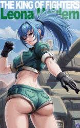 Rule 34 | 1girl, ass, ass focus, black gloves, blue eyes, blue hair, breasts, character name, earrings, gloves, green jacket, green shorts, highres, jacket, jewelry, large breasts, legs, leona heidern, looking at viewer, looking back, midriff, military uniform, military vehicle, motor vehicle, parted lips, ponytail, serious, shorts, snk, soldier, solo, swwhenry, tank, the king of fighters, thighs, triangle earrings, twisted torso, uniform