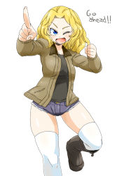 Rule 34 | 10s, 1girl, absurdres, aono3, black footwear, black shirt, blonde hair, blue eyes, blue shorts, boots, brown jacket, denim, denim shorts, english text, girls und panzer, hair intakes, highres, jacket, kay (girls und panzer), leg up, long hair, looking at viewer, military, military uniform, one eye closed, open clothes, open jacket, open mouth, pointing, shirt, short shorts, shorts, simple background, smile, solo, standing, standing on one leg, thighhighs, uniform, white background, white thighhighs