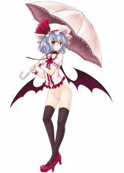 Rule 34 | 1girl, ascot, black thighhighs, blue hair, bottomless, brooch, collar, collarbone, female focus, hat, high heels, highres, jewelry, leash, navel, no panties, pointy ears, pussy, red eyes, remilia scarlet, shoes, short hair, slit pupils, solo, thighhighs, touhou, umbrella, uncensored, utakata (kochou no yume), wings, wrist cuffs