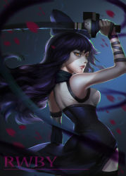 Rule 34 | 1girl, arm ribbon, arm up, ass, asymmetrical sleeves, bare shoulders, black hair, black pantyhose, blake belladonna, bow, breasts, copyright name, cowboy shot, detached sleeves, dress, from behind, hair bow, highres, holding, holding sword, holding weapon, kama (weapon), katana, kusarigama, long hair, looking at viewer, looking back, medium breasts, nose, orange eyes, pantyhose, parted lips, pelvic curtain, purple hair, qian mang mang, ribbed dress, ribbon, rwby, sickle, side slit, skin tight, sleeveless, sleeveless dress, solo, sword, turtleneck, uneven sleeves, wavy hair, weapon