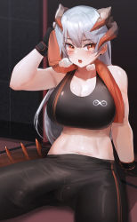 Rule 34 | 1futa, absurdres, alternate costume, arknights, bare arms, bare shoulders, black gloves, black pants, blush, breasts, brown eyes, bulge, cleavage, commentary request, crop top, earrings, erection, erection under clothes, futanari, gloves, hair between eyes, hand up, highres, horns, indoors, jewelry, large breasts, long hair, looking at viewer, midriff, mo ne, navel, open mouth, pants, penis, rhine lab logo, saria (arknights), silver hair, sitting, solo, sports bra, stomach, stud earrings, testicles, track pants