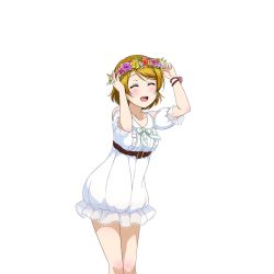 Rule 34 | 10s, 1girl, :d, ^ ^, belt, blush, bow, bowtie, bracelet, center frills, closed eyes, clothing cutout, dress, frills, green bow, green bowtie, hand on own head, head wreath, jewelry, koizumi hanayo, love live!, love live! school idol festival, love live! school idol project, official art, open mouth, see-through, shoulder cutout, smile, solo, standing, sundress, transparent background, white dress