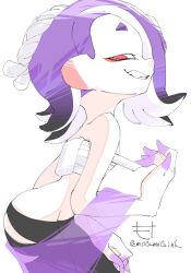 Rule 34 | 1girl, capelet, chest sarashi, cowboy shot, from side, grin, groin, highres, leaning forward, looking at viewer, looking back, mocamocaink, nintendo, octoling player character, pants, purple hair, red eyes, sarashi, shiver (splatoon), smile, solo, splatoon (series), splatoon 3, tentacle hair, torn clothes, torn pants, undressing