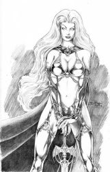 Rule 34 | armor, bikini armor, blank eyes, breasts, cape, chaos! comics, cleavage, greyscale, lady death, large breasts, lingerie, long hair, monochrome, original, skull, solo, sword, undead, underwear, weapon