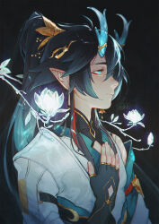 Rule 34 | 1boy, aqua eyes, bishounen, black background, black hair, chinese clothes, closed mouth, dan heng (honkai: star rail), dan heng (imbibitor lunae) (honkai: star rail), dark background, dragon boy, dragon horns, expressionless, eyeliner, fingerless gloves, flower, from side, gloves, glowing, glowing eyes, gradient hair, green hair, hair between eyes, hair ornament, hand on own chest, high ponytail, highres, honkai: star rail, honkai (series), horns, long hair, long sleeves, male focus, multicolored hair, official alternate hair length, official alternate hairstyle, pectoral cleavage, pectorals, pointy ears, ponytail, profile, red eyeliner, red hair, signature, solo, spoilers, streaked hair, upper body, vizerothree, white flower