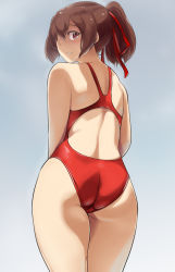 Rule 34 | 10s, 1girl, ass, bare shoulders, bifidus, brown eyes, brown hair, competition swimsuit, ise (kancolle), kantai collection, looking at viewer, looking back, one-piece swimsuit, ponytail, short hair, solo, swimsuit, thighs