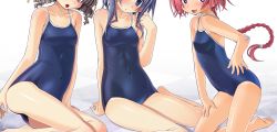 Rule 34 | 3girls, blue eyes, blue hair, blush, braid, brown hair, competition school swimsuit, covered navel, gradient background, head out of frame, highres, long hair, md5 mismatch, multiple girls, one-piece swimsuit, open mouth, pink hair, resolution mismatch, sakuya tsuitachi, school swimsuit, shiny clothes, short hair, smile, source smaller, sukumizu tabehoudai, swimsuit