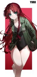 Rule 34 | 1girl, absurdres, bare arms, barefoot, black bow, black one-piece swimsuit, blush, border, bow, braid, breasts, cleavage, closed mouth, collarbone, covered navel, floating hair, green eyes, green jacket, hair bow, hands in pocket, highres, hong meiling, jacket, leg up, long hair, long sleeves, looking at viewer, medium breasts, one-piece swimsuit, open clothes, open jacket, outside border, red background, red hair, smile, solo, standing, standing on one leg, swimsuit, thigh gap, touhou, very long hair, white border, yexinhan