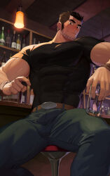 Rule 34 | 1boy, bara, belt, black hair, black pants, black shirt, blush, brown belt, bulge, closed mouth, cup, dainyuu (dgls), erection, erection under clothes, facial hair, from below, highres, holding, holding cup, indoors, large pectorals, looking at viewer, lucas lee, male focus, muscular, muscular male, pants, pectorals, scott pilgrim (series), scott pilgrim takes off, shirt, short hair, sideburns, sitting, solo, thick eyebrows, thick thighs, thighs