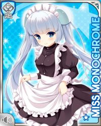 Rule 34 | 1girl, apron, black dress, black footwear, blue background, blue eyes, blunt bangs, card, character name, closed mouth, dress, girlfriend (kari), maid, miss monochrome, miss monochrome (character), official art, qp:flapper, smile, solo, standing, tagme, twintails, white apron, white hair