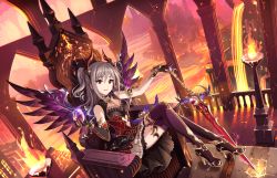 Rule 34 | 1girl, asymmetrical gloves, breasts, building, chain, cleavage, cup, drinking glass, eyeball, fire, gloves, grey hair, highres, horns, idolmaster, idolmaster cinderella girls, idolmaster cinderella girls starlight stage, kanzaki ranko, long hair, mini wings, lava, official art, red eyes, skirt, smug, sparkle, sword, thighhighs, throne, twintails, underworld, uneven gloves, weapon, wine glass, wings