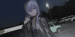 Rule 34 | 1girl, :d, black choker, black jacket, black shirt, blue eyes, blue sky, car, chihuri, choker, commentary request, earrings, ende (chihuri), grey hair, hair between eyes, hand up, highres, jacket, jewelry, lamppost, long hair, long sleeves, looking at viewer, motor vehicle, night, night sky, open clothes, open jacket, open mouth, original, outdoors, puffy long sleeves, puffy sleeves, shirt, sky, smile, solo, stud earrings, upper body