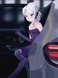 Rule 34 | 1girl, absurdres, artist name, blue archive, car, demon horns, dress, elbow gloves, geeoctz97, gloves, highres, hina (blue archive), hina (dress) (blue archive), horns, jewelry, looking at viewer, motor vehicle, multiple horns, necklace, official alternate costume, purple dress, purple eyes, purple gloves, self-upload, solo, waving, white hair