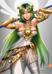 Rule 34 | 1girl, armpits, badcompzero, breasts, bridal gauntlets, cleavage, green hair, jewelry, kid icarus, kid icarus uprising, looking at viewer, lots of jewelry, over shoulder, palutena, side slit, solo, staff, thighhighs, tiara, weapon, weapon over shoulder