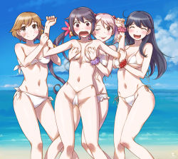 Rule 34 | 10s, 4girls, :d, ;p, ^ ^, akebono (kancolle), alternate costume, arm grab, bandaid, bandaid on face, bandeau, beach, bell, bikini, black hair, blush, body blush, breasts, breasts apart, brown eyes, brown hair, cameltoe, cleavage, closed eyes, closed mouth, cloud, collarbone, covering privates, covering breasts, day, flower, grabbing, grabbing another&#039;s breast, grabbing from behind, groin, hair bell, hair bobbles, hair flower, hair ornament, jingle bell, kantai collection, long hair, looking at viewer, low ponytail, medium breasts, multiple girls, navel, oboro (kancolle), one eye closed, open mouth, outdoors, pink hair, purple hair, revision, sameha ikuya, sazanami (kancolle), scrunchie, short hair, side-tie bikini bottom, side ponytail, sky, smile, standing, swimsuit, tongue, tongue out, topless, twintails, untied bikini, ushio (kancolle), very long hair, water, white bikini, wrist scrunchie