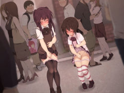 Rule 34 | 2boys, androgynous, blush, brothers, brown hair, censored, closed eyes, clothes lift, clothes pull, crossdressing, highres, hinahara hajime, loafers, masturbation, multiple boys, outdoors, panties, panty pull, pantyhose, pantyhose pull, penis, pigeon-toed, public indecency, seiryoku-zai de seiyoku bohatsu!, shoes, siblings, skirt, skirt lift, striped legwear, sweater, thighhighs, trap, trembling, twintails, underwear, vest