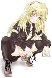 Rule 34 | 1girl, arm warmers, black cat (series), black dress, black thighhighs, blonde hair, blush, boots, brown footwear, censored, clothing aside, cross, cross necklace, dress, eve (black cat), holding, jewelry, long hair, looking at viewer, mita kazuo, necklace, open mouth, panties, panties aside, peeing, purple eyes, pussy, short sleeves, smile, squatting, thighhighs, tissue, twintails, underwear, white panties