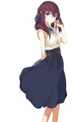 Rule 34 | 1girl, arm behind back, belt, blue eyes, breasts, from side, hair ornament, hand in own hair, highres, long hair, looking at viewer, miruto netsuki, original, parted lips, purple hair, shirt, simple background, skirt, sleeveless, sleeveless shirt, solo, standing, white background